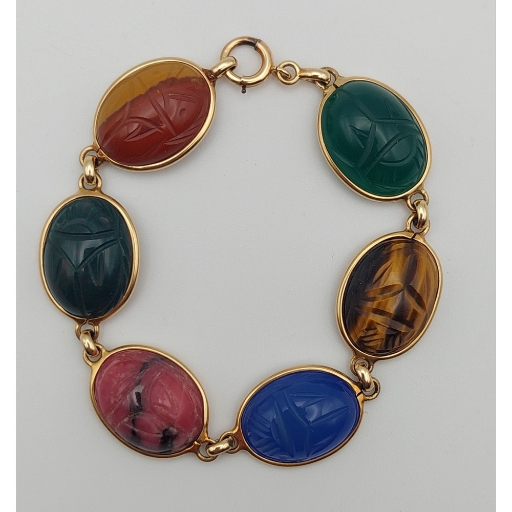 Vintage 14K Gold Bracelet Egyptian Revival Natural Hardstone Scarab 26g Estate